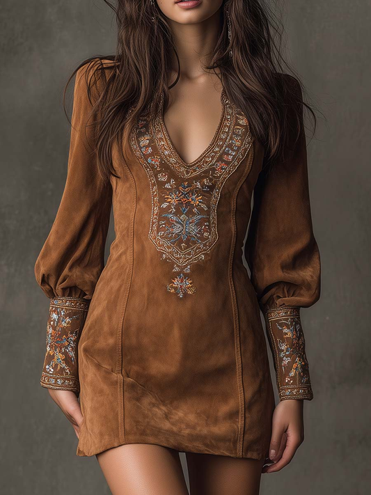 Alessandra – Embroidered Suede-Look Mini Dress